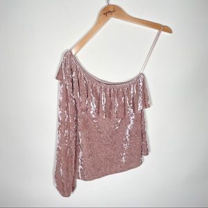 BP Crushed Velvet One Shoulder Ruffle Sleeve Blouse Top Pink Silver Size Small